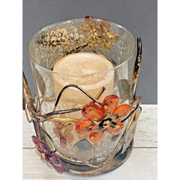 Vintage Gilded Metal Crystal Flowers Floral Design 3 Pc Pillar Candle Holder - Picture 4 of 11